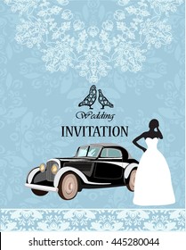 Vector card of a Silhouette of a bride with a classic car. Illustration for greeting card or invitation to the wedding.