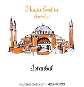 Vector card with a silhouette of the Higia Sophia in Istanbul. Touristic card design. Hand drawn illustration of famous turkish landmark. Black outlines, orange and blue elements.