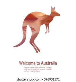 Vector card with silhouette of kangaroo on white background. Animals of Australia, nature of the Australian continent,  mountain landscape, travel. 