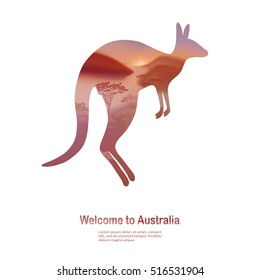 Vector card with silhouette of kangaroo on white background. Animals of Australia, nature of the Australian continent, mountain landscape, travel.