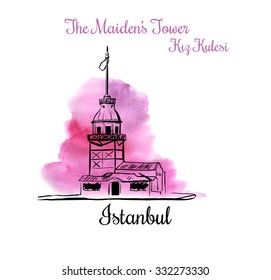 Vector card with a silhouette of the Maiden's Tower in Istanbul. Hand drawn illustration of famous turkish landmark. Black outlines and bright pink watercolor texture.