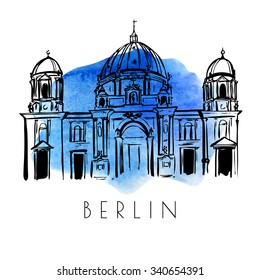 Vector card with a sketch of Berlin Cathedral. Hand drawn illustration of famous german landmark. Black outlines and bright blue watercolor stain on background.