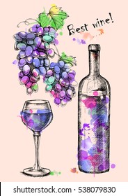 Vector card of sketch of grapes, wine glass, bottle on background with watercolor spray paint for design