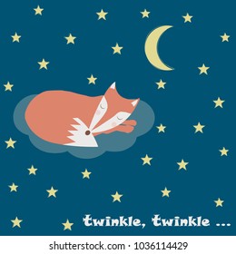 Vector Card with sleeping fox in starlight sky. Twinkle, twinkle phrase. Pefect for kids banners, cards, books and other kids things.