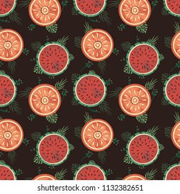 vector card with a slice of orange and of pieces of watermelon. 