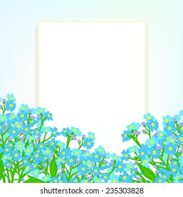 Vector card with small blue flowers on shining light background. Template for garden store coupon, flower shop gift card, soap package, spring sale ad, baby shower or wedding invitation