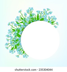 Vector card with small blue flowers on shining sky blue background. Template for garden store coupon, flower shop gift card, soap package, spring sale ad, baby shower or wedding invitation