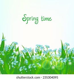 Vector card with small blue flowers on shining sky blue background. Template for garden store coupon, flower shop gift card, soap package, spring sale ad, baby shower or wedding invitation