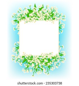Vector card with small pink flowers on shining sky blue background. Template for garden store coupon, flower shop gift card, soap package, spring sale ad, baby shower or wedding invitation