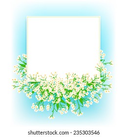 Vector card with small white flowers on shining sky blue background. Template for garden store coupon, flower shop gift card, soap package, spring sale ad, baby shower or wedding invitation