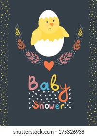 Vector card with smiling chicken, floral elements, hearts and colored text "Baby shower" on the dark background