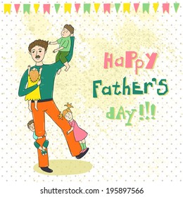 Vector card with smiling father with four children, flags and text "Happy father's day" on the doted background with splashes.