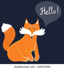 Vector card with smiling fox and text "Hello" on the dark background