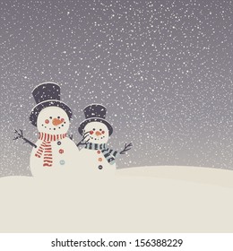 Vector card with snowmen and snowfall