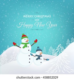 Vector card with snowmen and snowfall. Merry Christmas greeting card. Snowy landscape: hills, mountains, forest. White and blue turquoise, mint background.