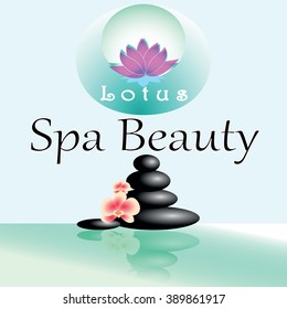 Vector card for spa salon with orchid and stones on light blue background with logo of lotus