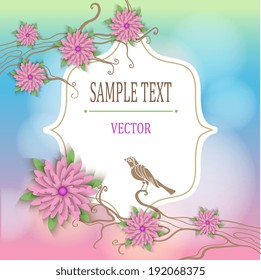 Vector card spring. Bird on a branch of  blossoms pink flowers on mint background.