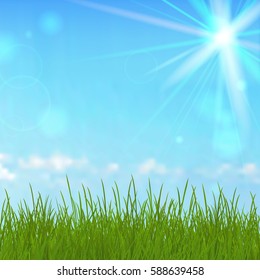 Vector card with spring grass and blue sky, pattern can be used for wallpaper. Vintage illustration with blue background, clouds rays and bokeh