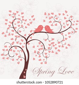 Vector card Spring Love. Background with tree, hearts and birds