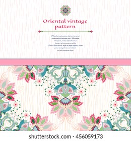 Vector card with square oriental traditional pattern. Wooden texture and strokes on backdrop. Hand drawing. Place for your text.