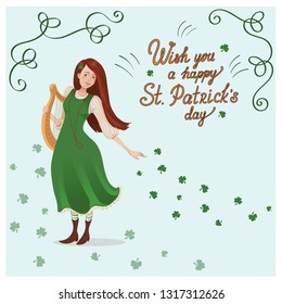 Vector card for St. Patricks day. An irish girl in a green dress with a harp.