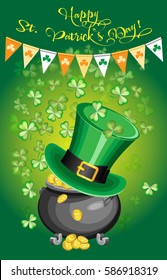 Vector card for St. Patrick's Day. On a green background with shamrocks, pot of coins, leprechaun hat and multicolored flags