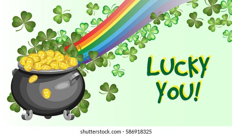 Vector card for St. Patrick's Day with a pot of gold coins, rainbow and shamrocks. On a gradient background