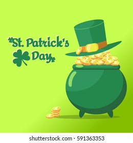 Vector card St. Patrick's Day. Elf hat lies on the pot of gold. Pot is completely filled with coins with clover sign.