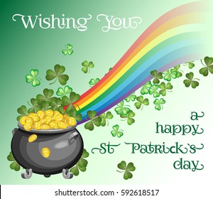 Vector card for St. Patrick's Day with a pot of gold coins, rainbow and shamrocks. On a gradient background