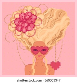 vector card for St. Valentine's Day with the girl in Baroque style