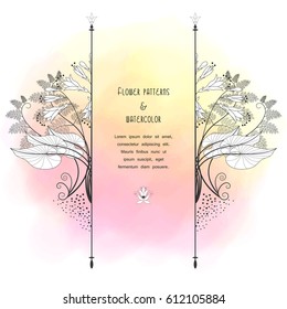 Vector card. Stain aquarell background with fantasy flowers. Place for your text.