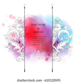 Vector card. Stain watercolor background. Fantasy flowers. Place for your text.