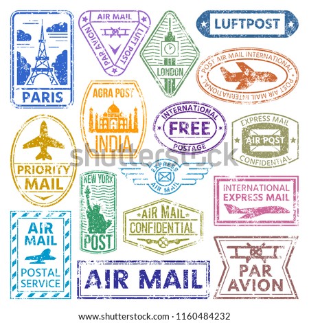 Vector card stamps vintage postage countries all over world stamp different mail grunge postmark illustration.