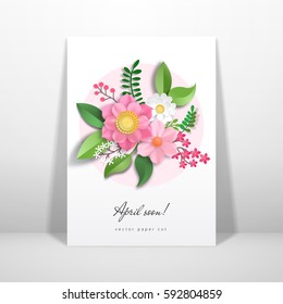 Vector card standing at the wall. Paper cut design. Bouquet of flowers and leaves. Place for your text.