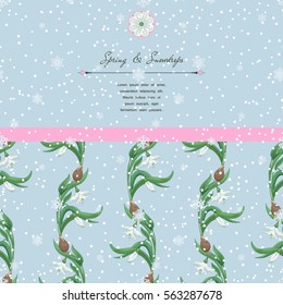 Vector card with stems of snowdrop flowers. Snowfall foreground. Place for your text