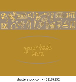 Vector card with strips of doodles on a theme of musical instruments. Bright forms of music, gramophone, records, etc. For true audiophiles. There is a place for your text.