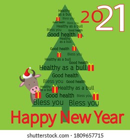 Vector card in the style of flat design with a Christmas tree, wishes of health and happiness in the new year 2021 on a green background