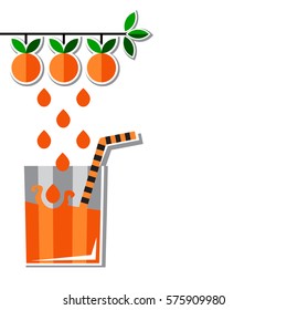 Vector card with stylized branch of orange tree with three ripe oranges. Falling drops of fresh Orange juice in cute glass with straw. Good for design of menu, banner, poster, website, magazine, etc.