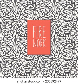 Vector card with stylized fireworks. At the base it has a seamless pattern. Red label with inscription Firework. Graphical monochrome background. Minimalist style.