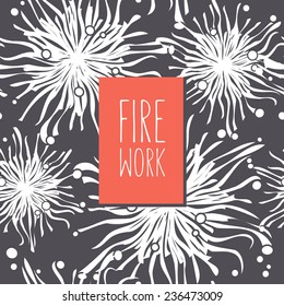 Vector card with stylized fireworks. Seamless pattern at the base. Red label with inscription Firework. Graphical monochrome background. Christmas card in minimalist style.