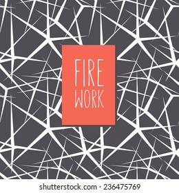 Vector card with stylized fireworks. Seamless pattern at the base. Red label with inscription Firework. Graphical monochrome background. Christmas card in minimalist style.