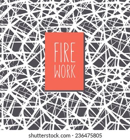 Vector card with stylized fireworks. Seamless pattern at the base. Red label with inscription Firework. Graphical monochrome background. Christmas card in minimalist style.