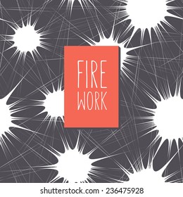 Vector card with stylized fireworks. Seamless pattern at the base. Red label with inscription Firework. Graphical monochrome background. Christmas card in minimalist style.