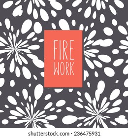 Vector card with stylized fireworks. Seamless pattern at the base. Red label with inscription Firework. Graphical monochrome background. Christmas card in minimalist style.