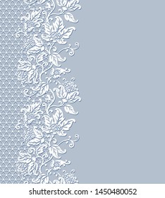 Vector card with stylized flowers, leaves and lace. Floral gray and white background, seamless vertical border. Place for text.