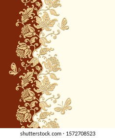 Vector card with stylized flowers, leaves and butterflies. Floral background, border. Seamless vertically. Place for text.