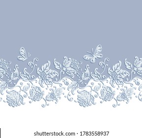 Vector card with stylized flowers, leaves and butterflies. Floral gray and white background, seamless horizontal border. Place for text.