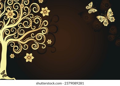 Vector card with stylized golden tree with curls and polka dots on a gradient background and butterflies.