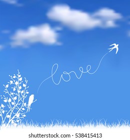 Vector card with stylized text, pattern can be used for wallpaper. Vintage illustration with blue background and birds.