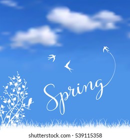 Vector card with stylized text, pattern can be used for wallpaper. Vintage illustration with blue background and birds